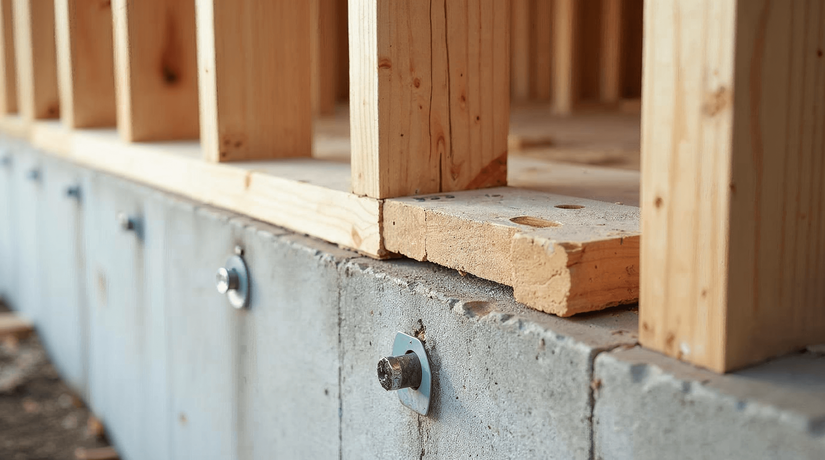 Pressure-treated sill plate lumber on a concrete foundation