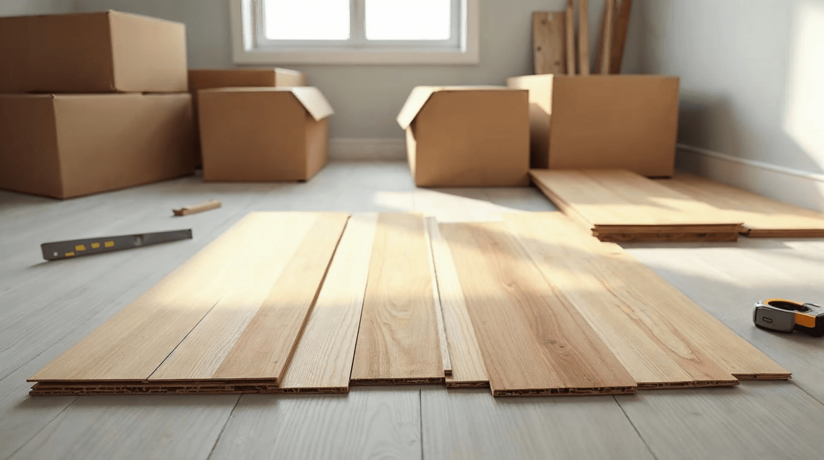 Hardwood planks from multiple cartons staged for inspection before installation