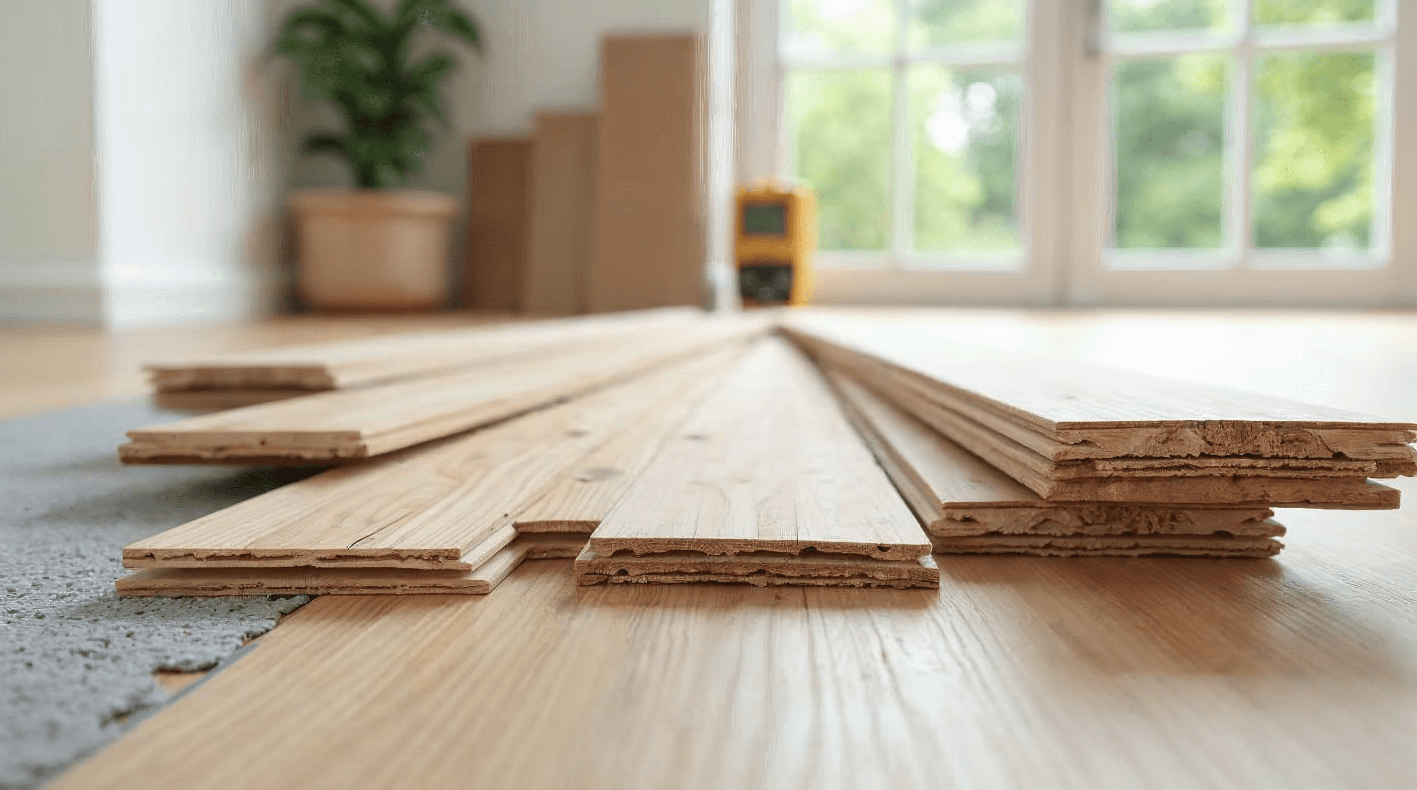 Engineered hardwood planks staged for flooring installation