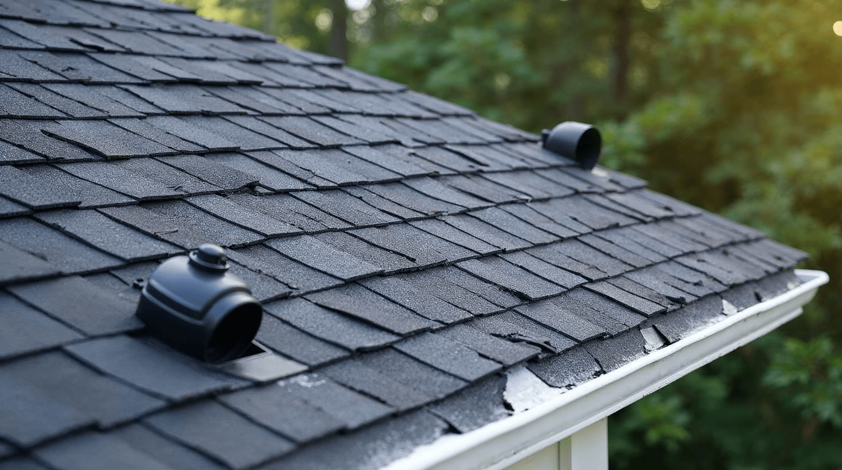 Roofing accessories staged beside a residential roof