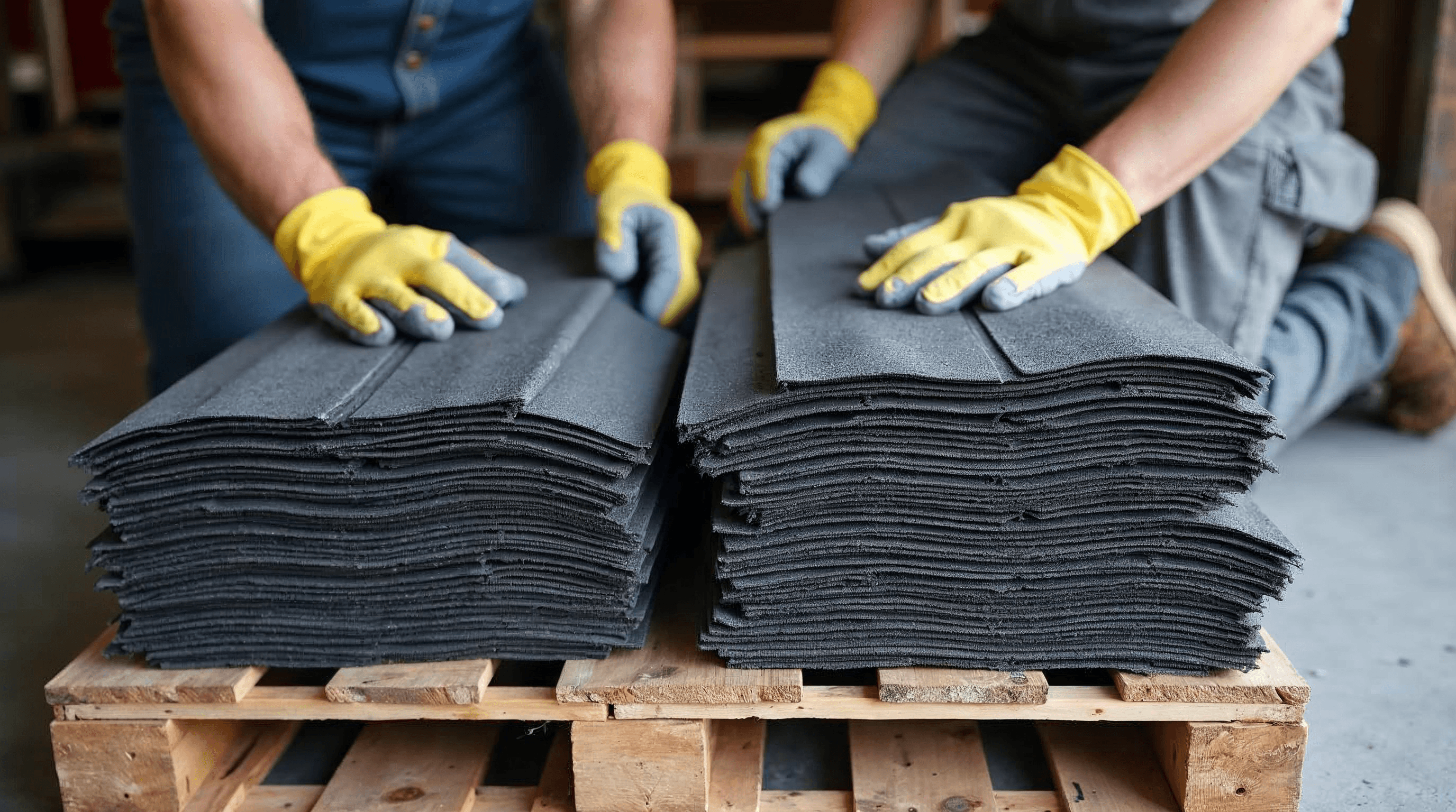 Contractors compare two stacks of asphalt shingles for a color mismatch before roof loading