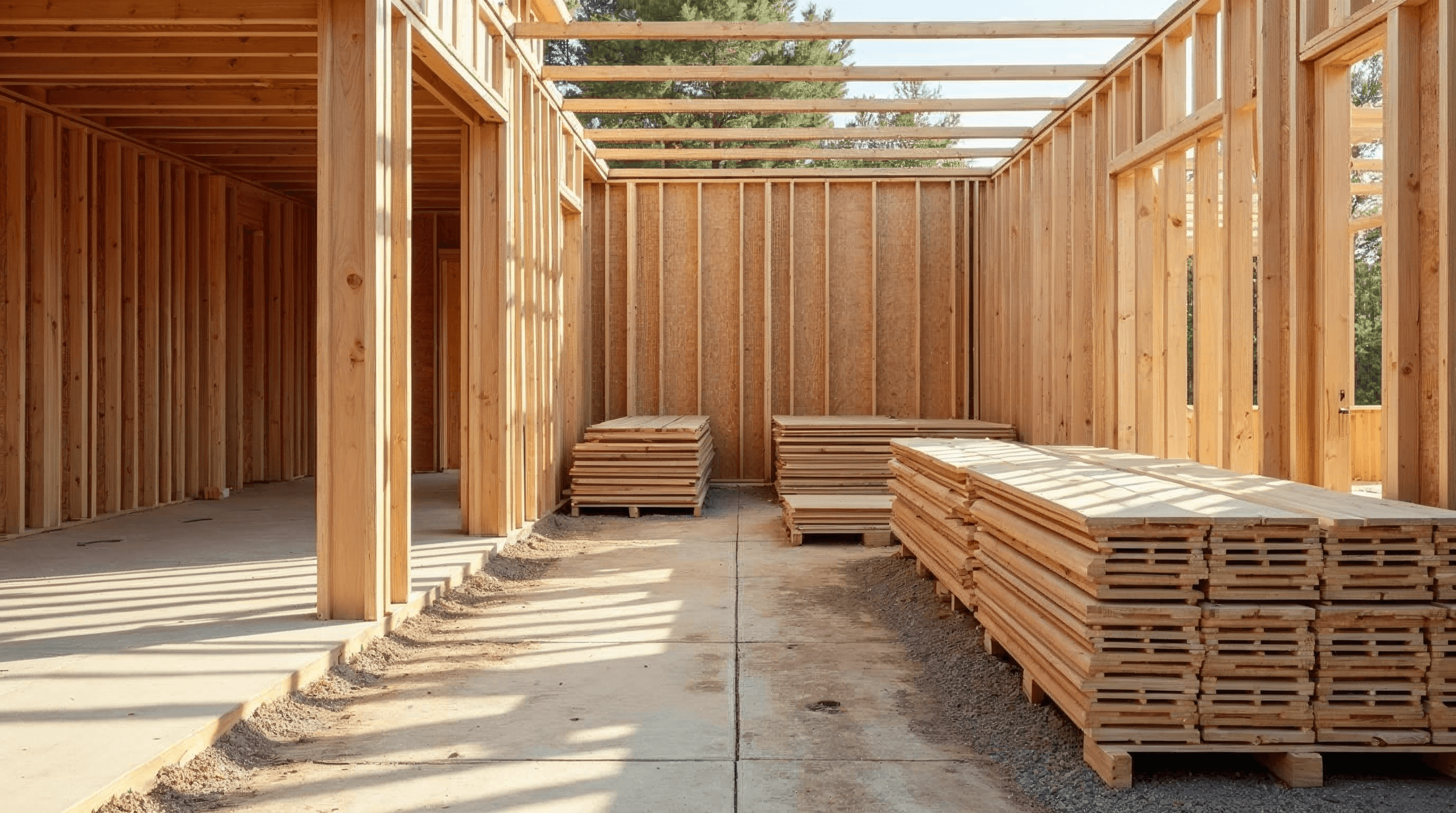 Framing lumber staged inside a residential addition under construction