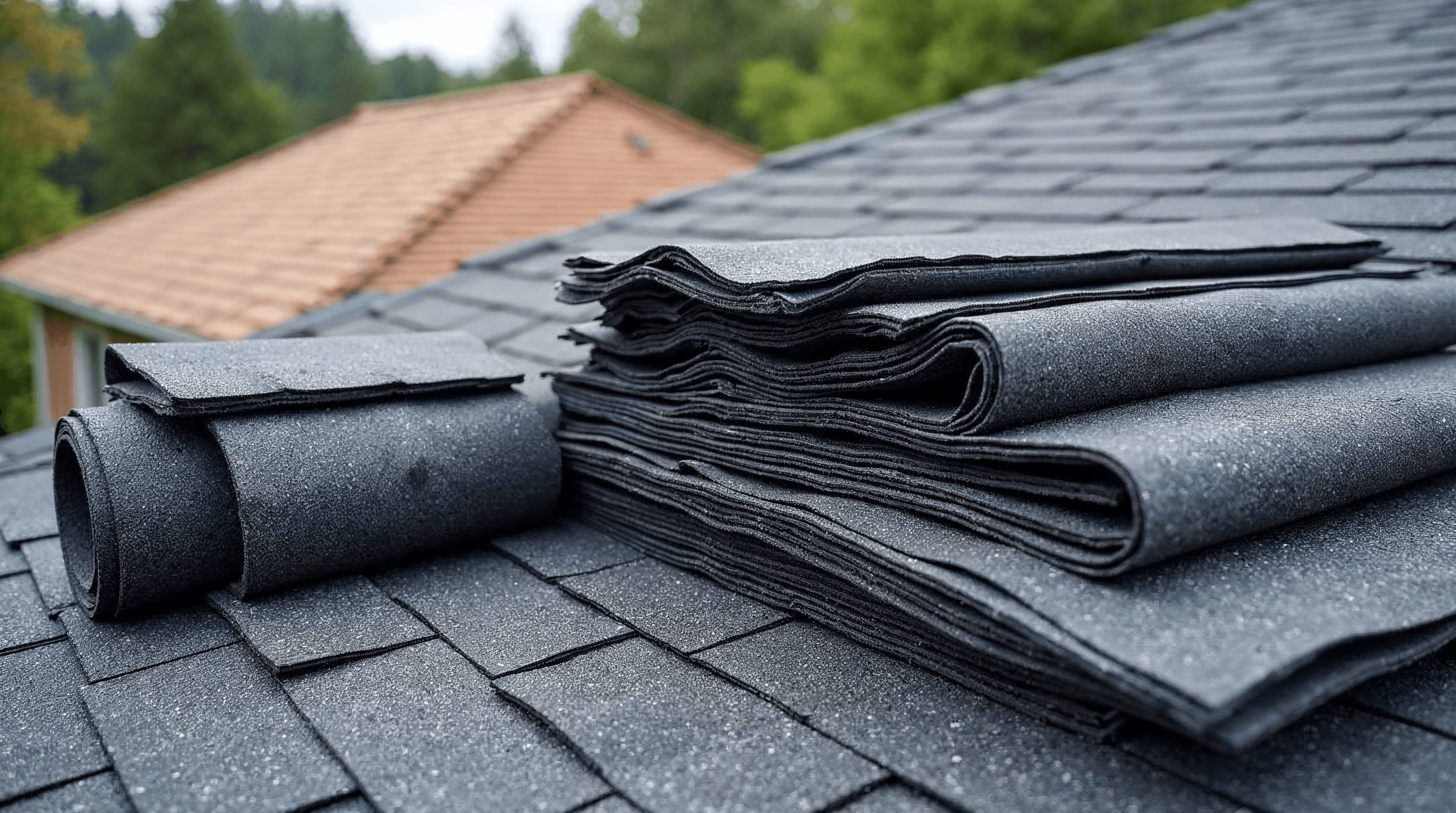 Asphalt shingles and roofing accessories staged for installation