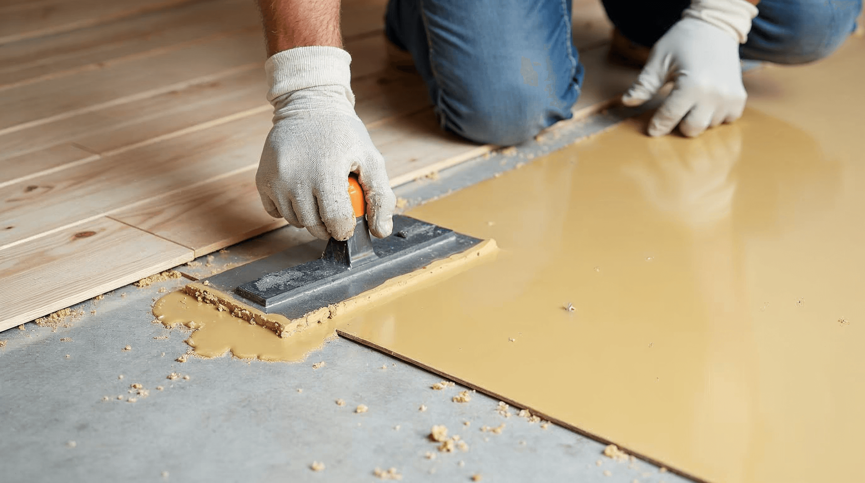 Installer spreads hardwood flooring adhesive across a concrete subfloor.