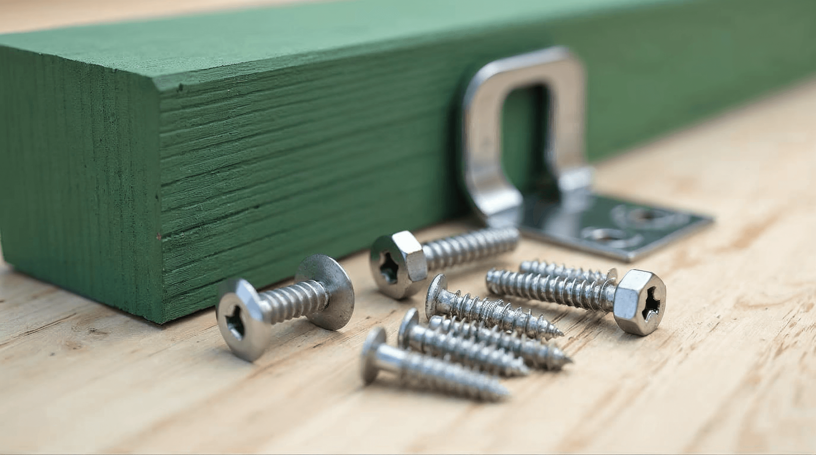 Galvanized and stainless fasteners beside pressure-treated lumber.