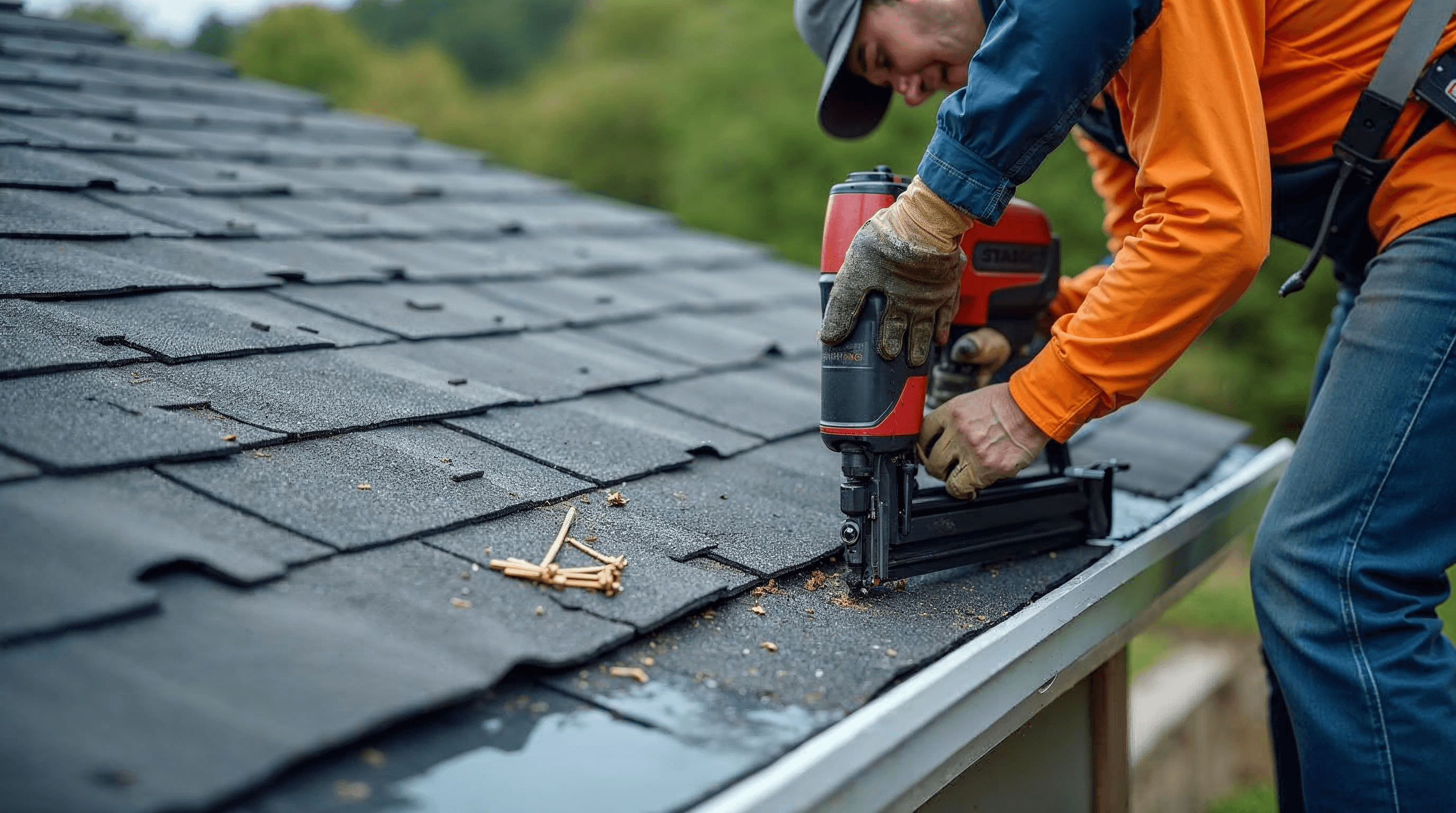 Roofing nails and pneumatic nailer beside asphalt shingles