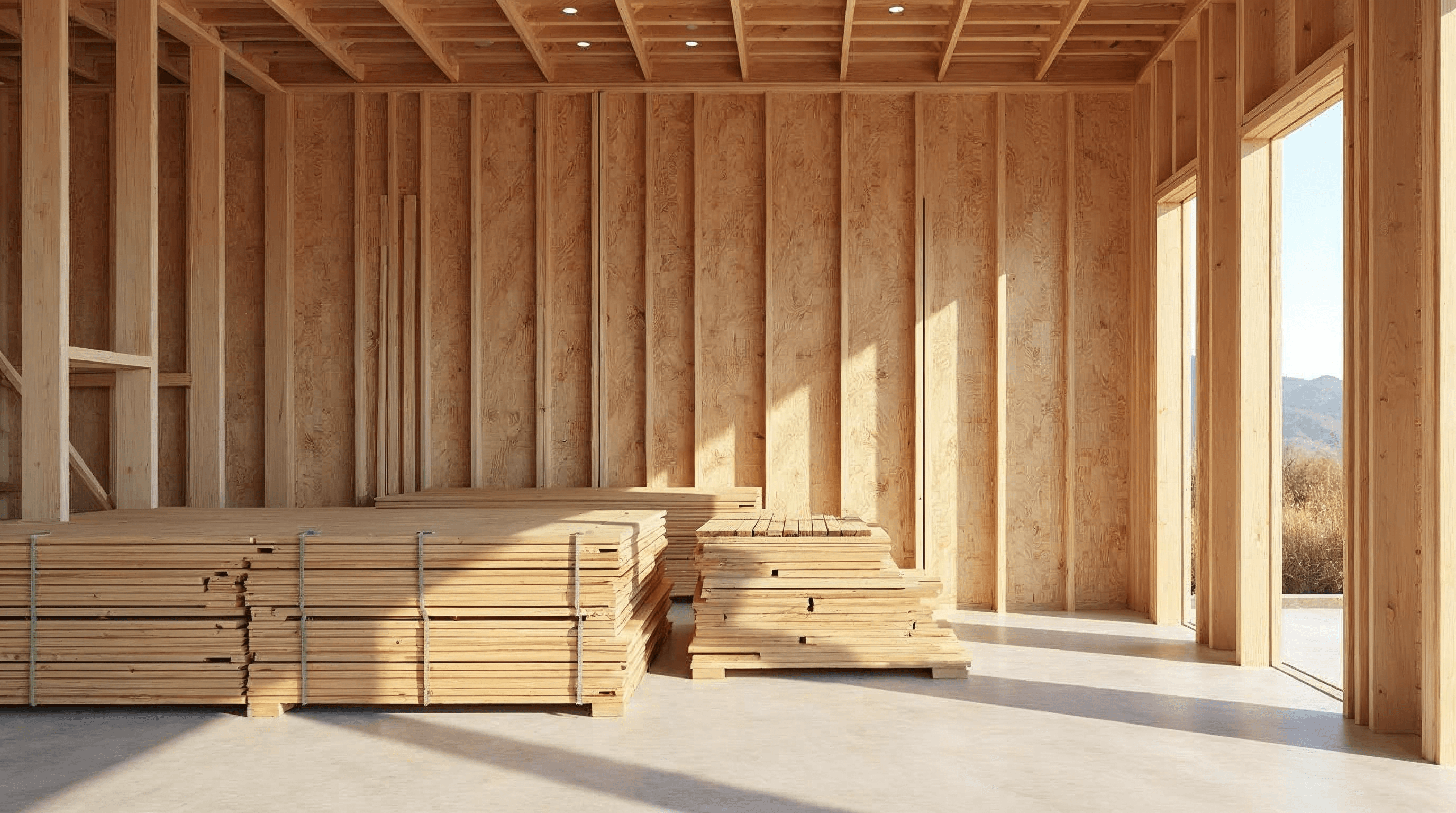 Straight framing lumber staged beside a residential wall