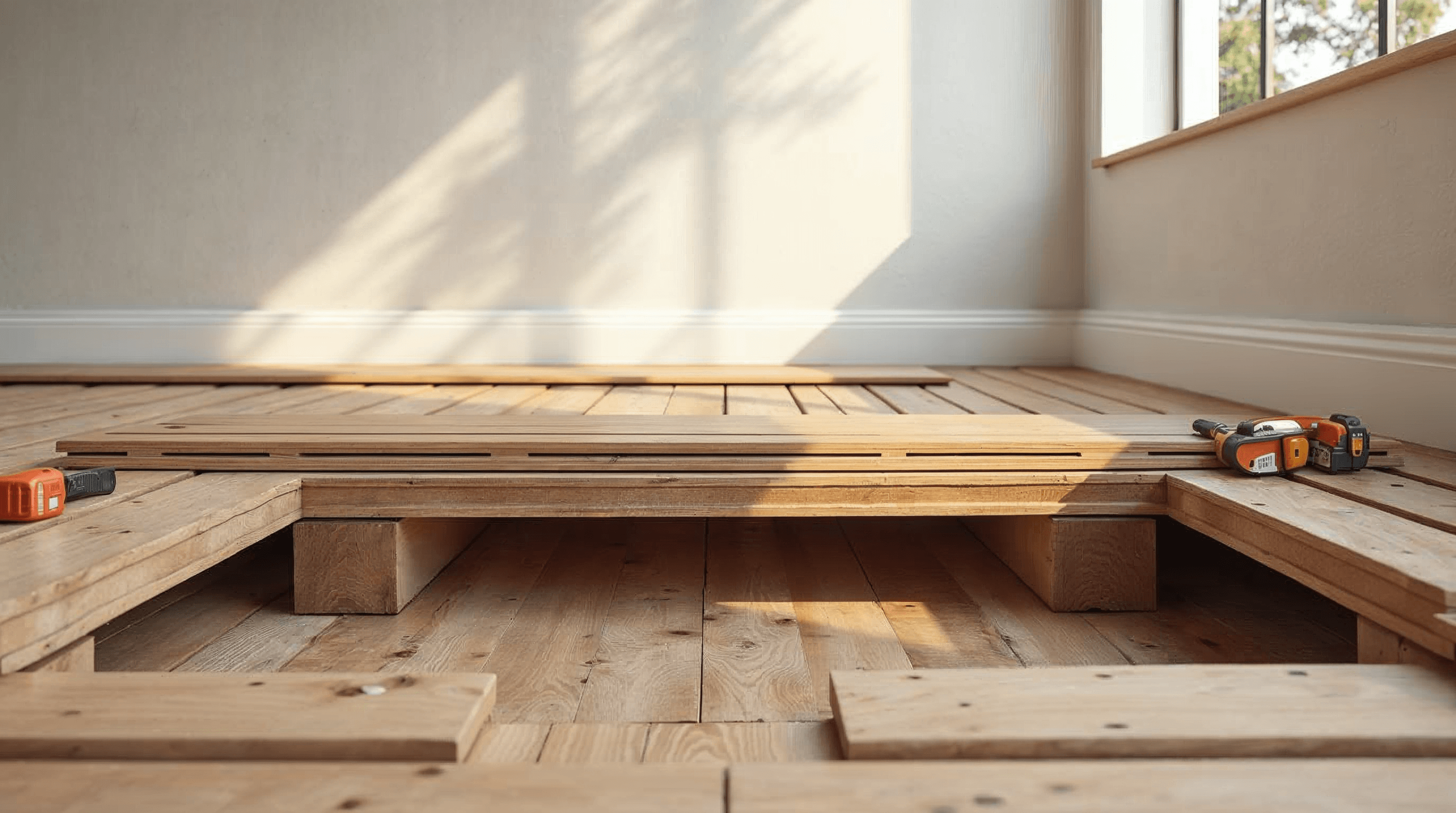 Hardwood flooring planks staged for installation over a wood subfloor