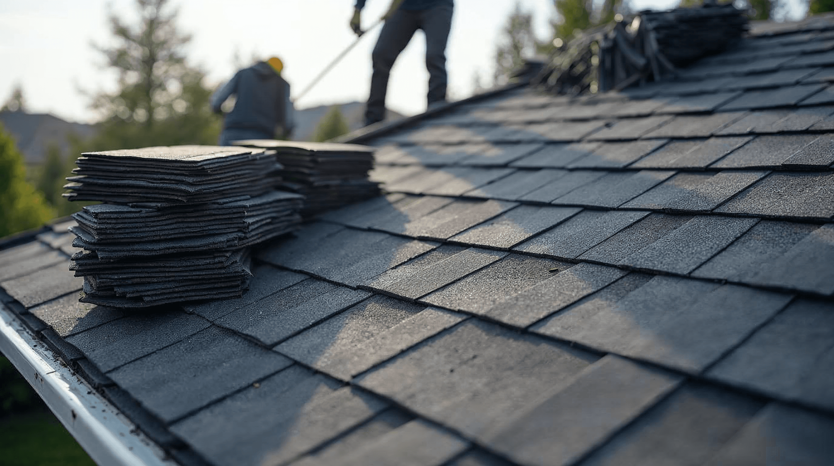 Asphalt shingle colors staged beside a residential roof installation