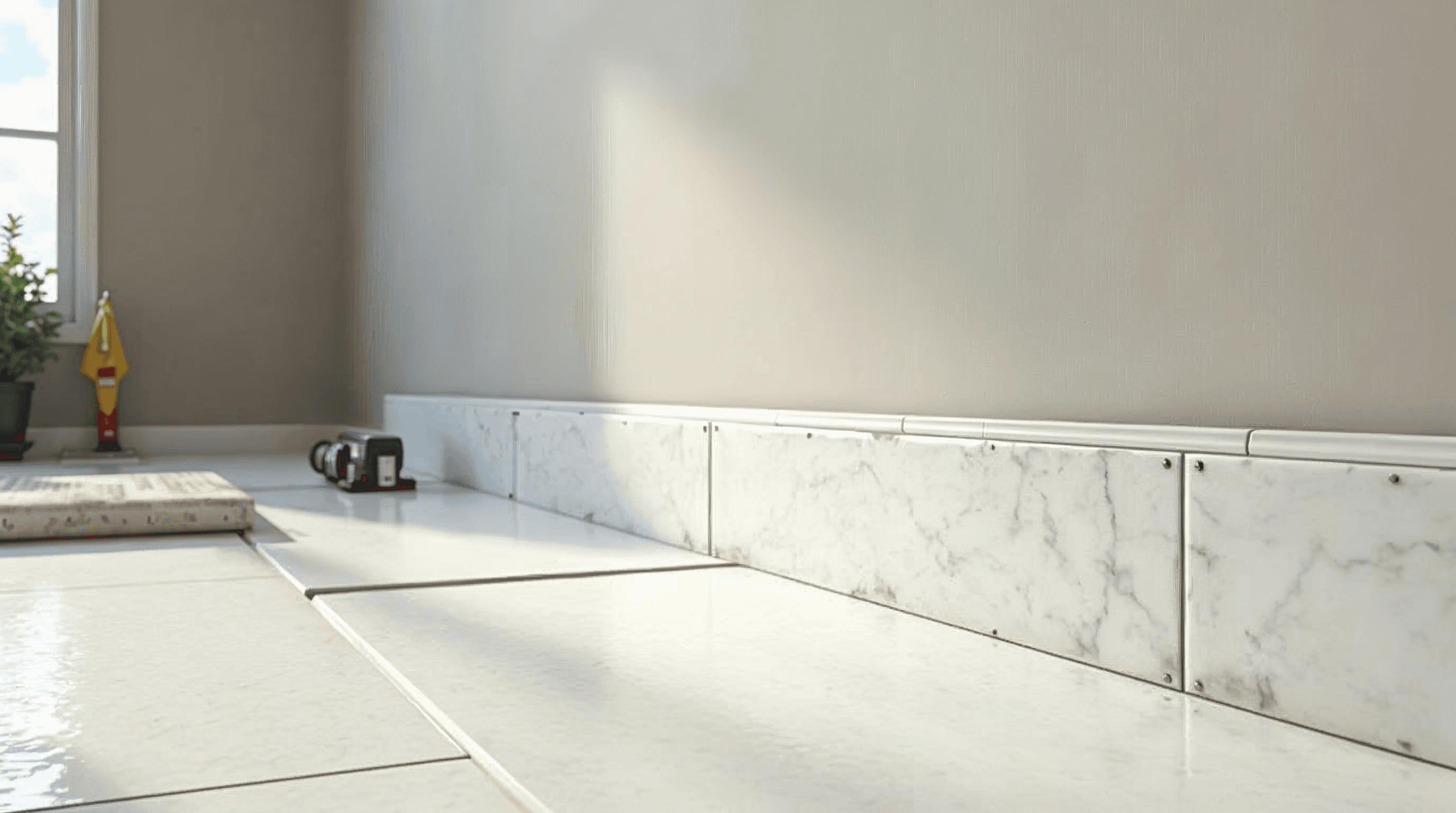 Porcelain tile edge trim staged for installation