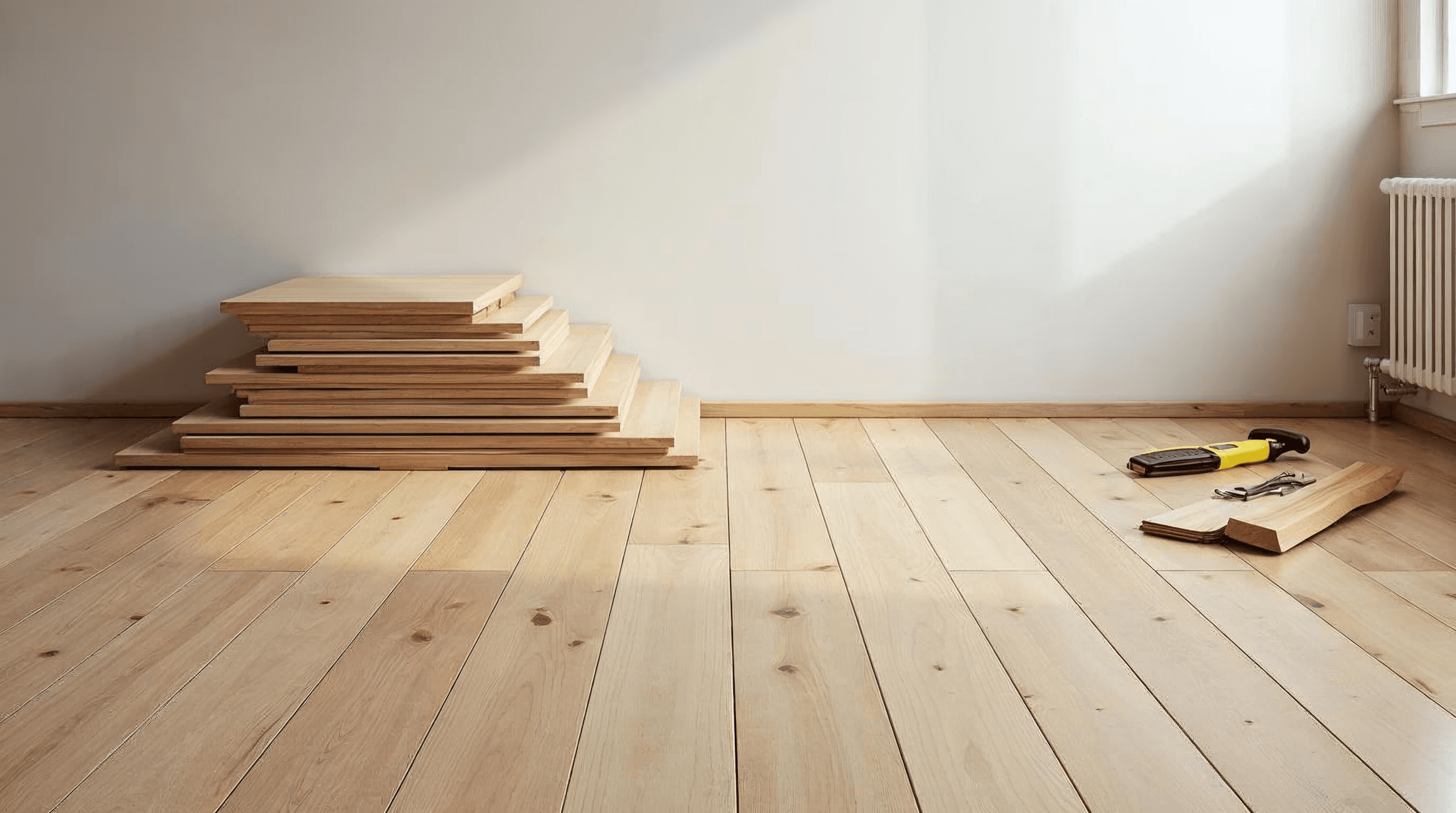 Hardwood flooring planks staged for installation in a residential remodel