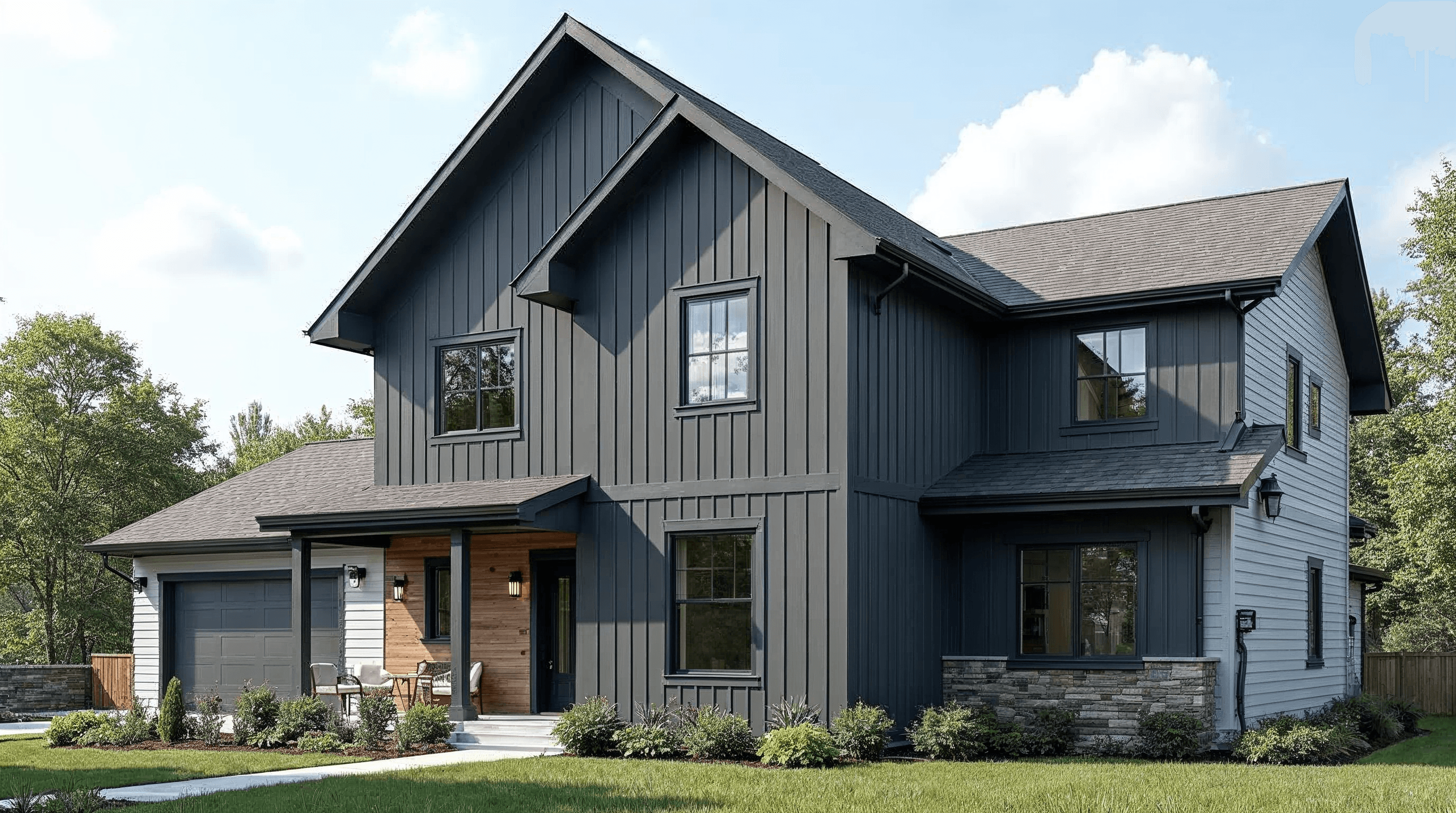 Vertical fiber cement siding on residential gable ends