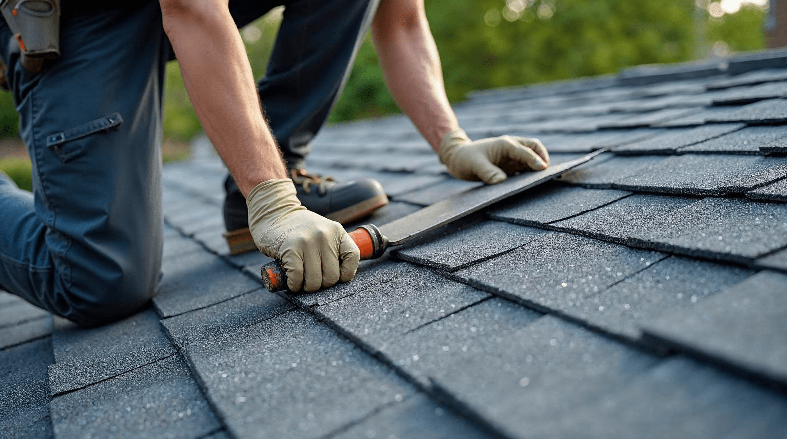 Reflective asphalt shingles being installed on a residential roof