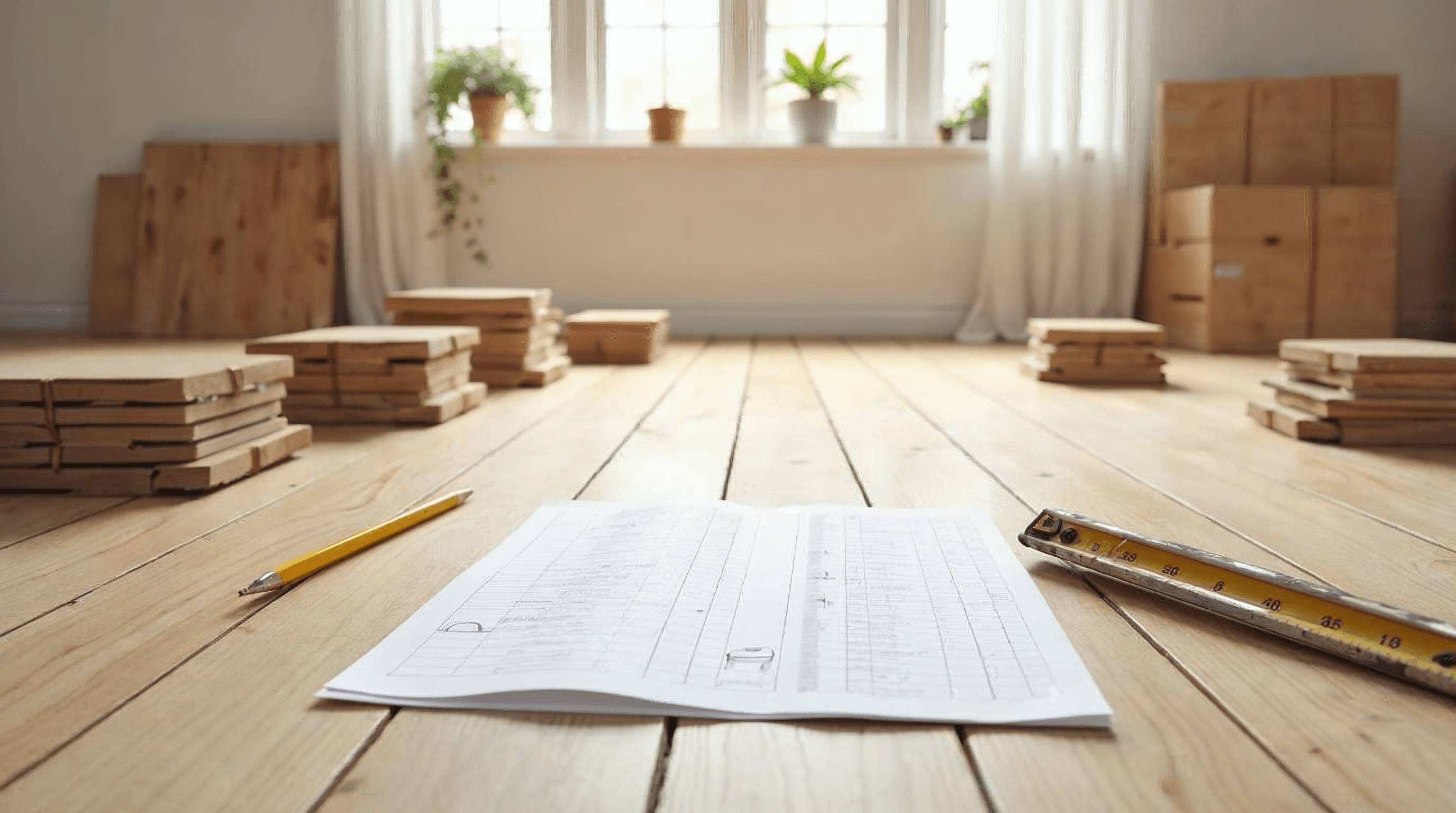 Hardwood flooring materials and measurement tools for planning installation overage